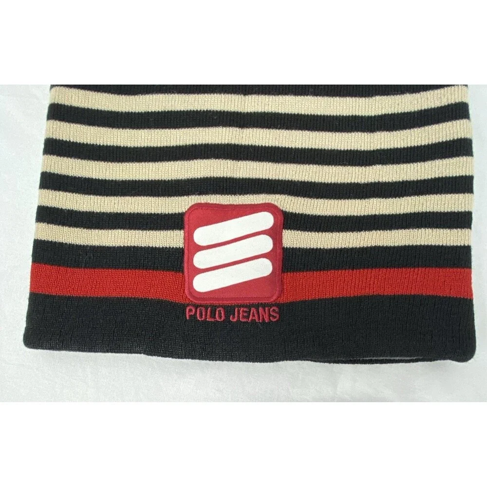 Vtg Polo Jeans Company RL Y2k Beanie Hat Red Black Stripe Knit Fleece Lined Logo